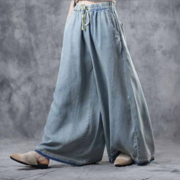 Light Blue Plus Size Wide Leg Jeans Soft Cotton Maxi Frayed Jeans