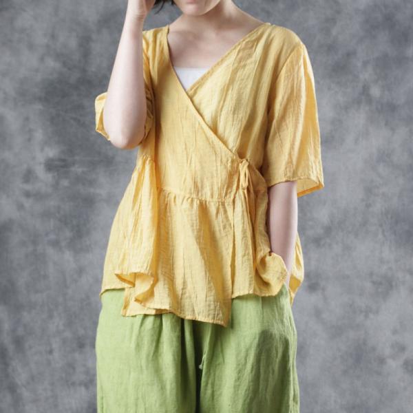 V-Neck Yellow Belted Shirt Linen Pleated Blouse for Woman