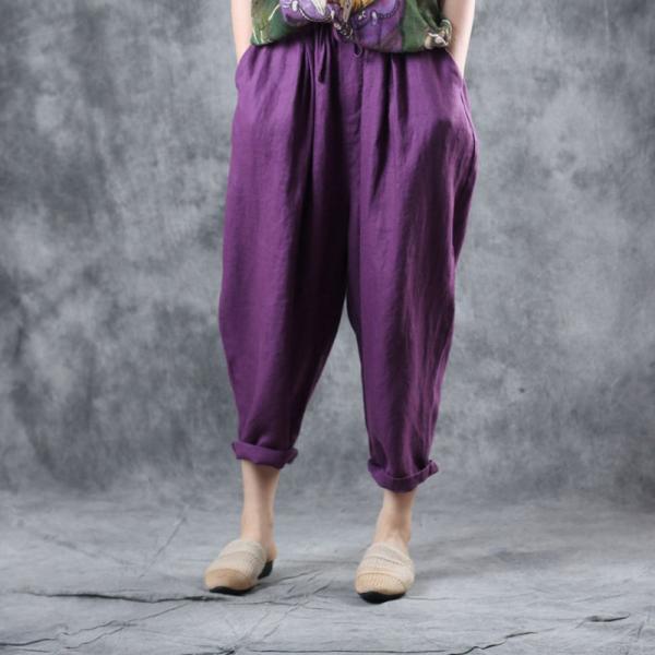 Loose-Fitting Linen Purple Pants Womans Baggy Cozy Wear