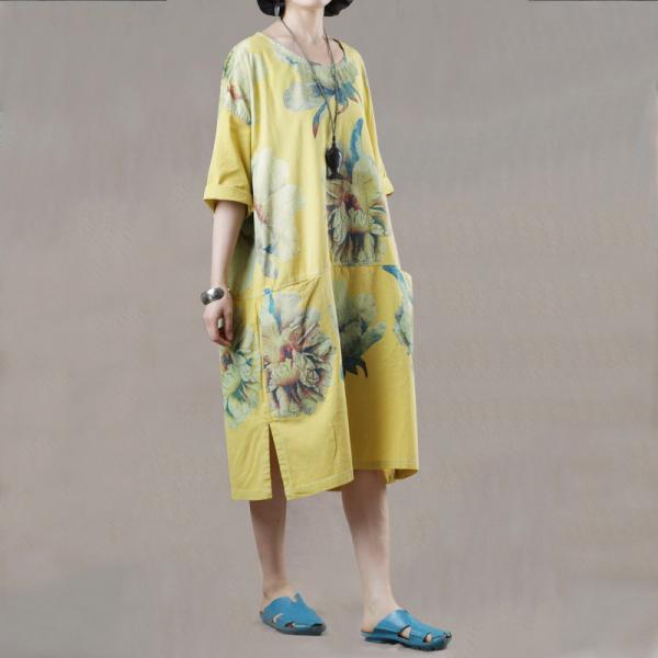 Big Flowers Yellow Knee Length Dress Oversized Casual T-shirt Dress