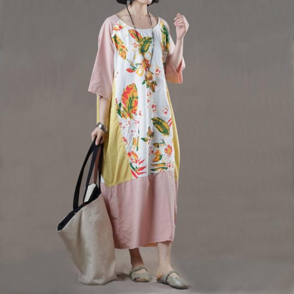 Comfy Style Printed Patchwork Korean Dress Oversized Pink T-shirt Dress