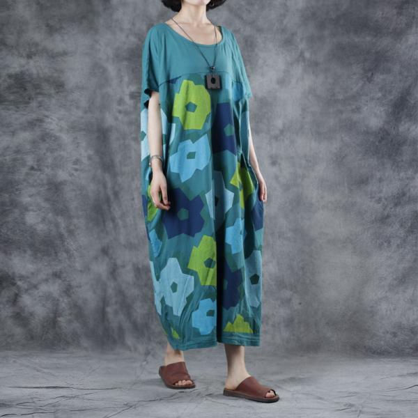 Korean Style Printed Cotton Dress Plus Size Comfy Green Shift Dress