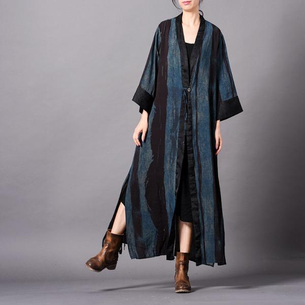 Deep-V Plus Size Striped Kimono Silky Long Vintage Outerwear
