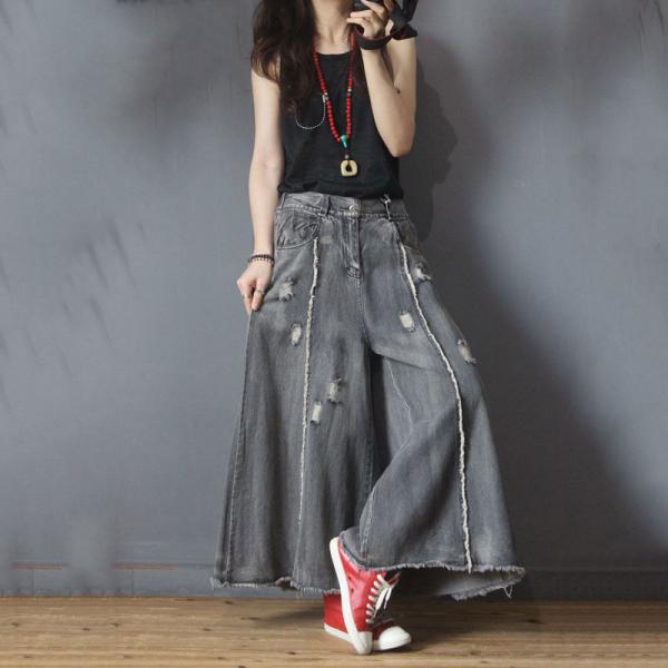 Street Fashion Wide Leg Frayed Jeans Womans Baggy Ripped Jeans