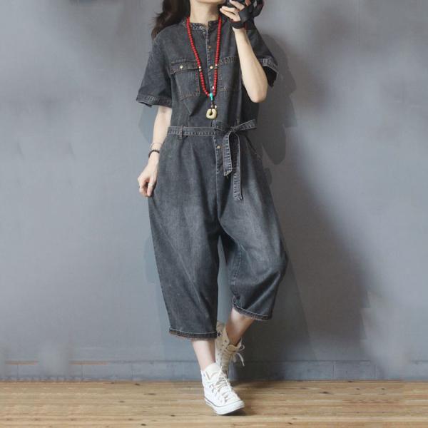 Button Down Belted Denim Jumpsuit Short Sleeve Jeans Jumpsuit