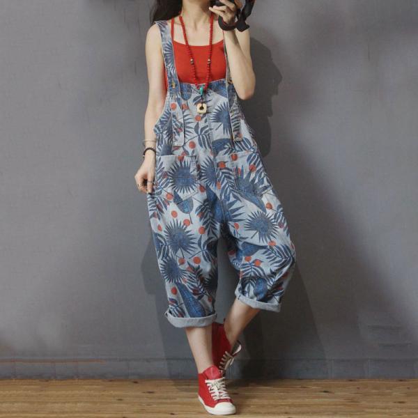 Tropical Printing Cotton Overalls Loose Summer Dungarees