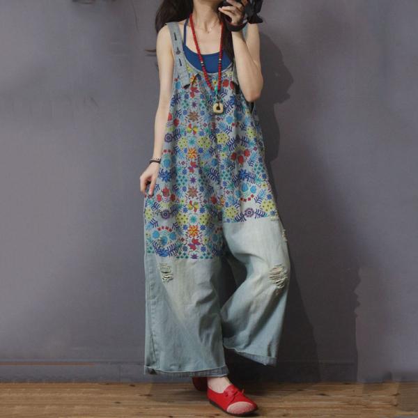 U Neck Cotton Floral Overalls Plus Size Denim Wide Leg Jumpsuits