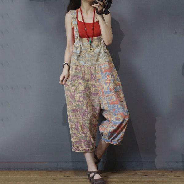 Letter Leaves Printed Dungarees Baggy Casual Jumpsuits for Woman