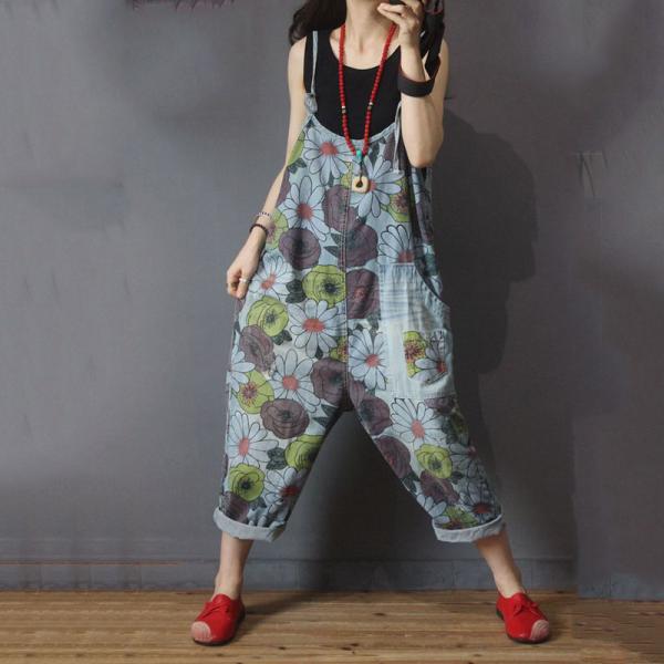 Casual Style Printed Cotton Overalls Loose Womans Slip Dungarees