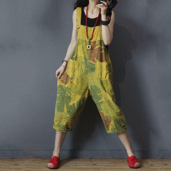 Banana Leaf Printed Summer Dungarees Cotton Korean Overalls for Woman