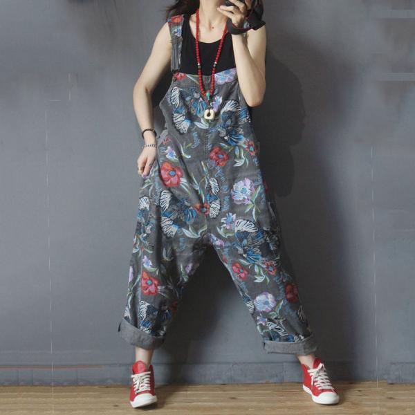 Bird and Flowers Gray Overalls Baggy Ripped Jumpsuits