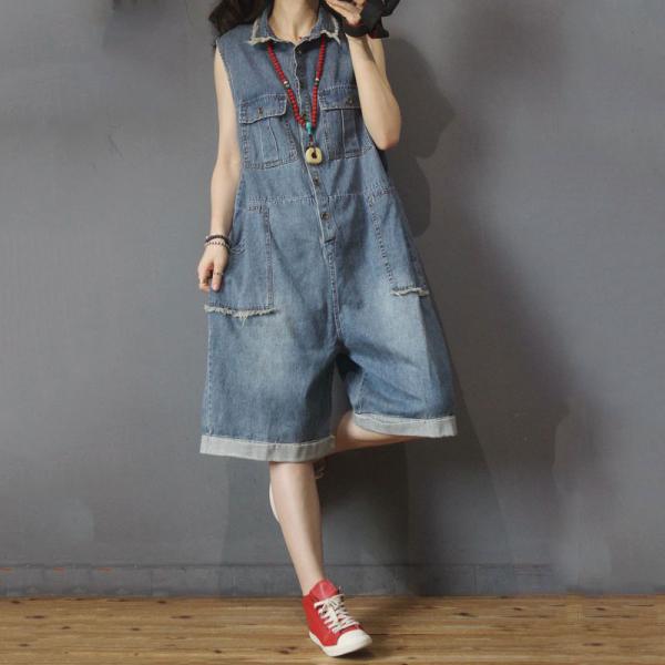 Sleeveless Denim Rompers Lapel Fringed Button-Down Rompers