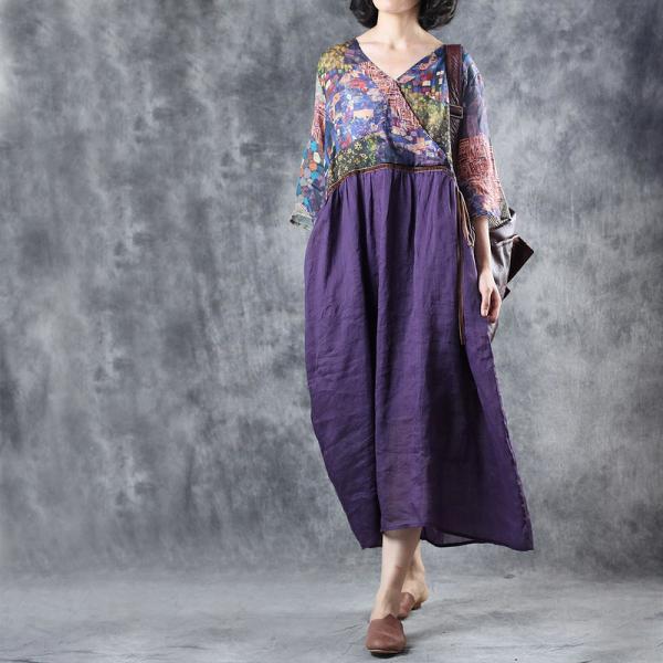 V-Neck Purple Empire Waist Dress Vintage Printed Loose Wrap Dress