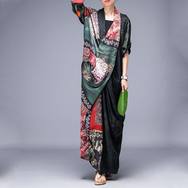 Beautiful Vintage Printed Folk Dress Maxi Designer Dress with Back Slits Details