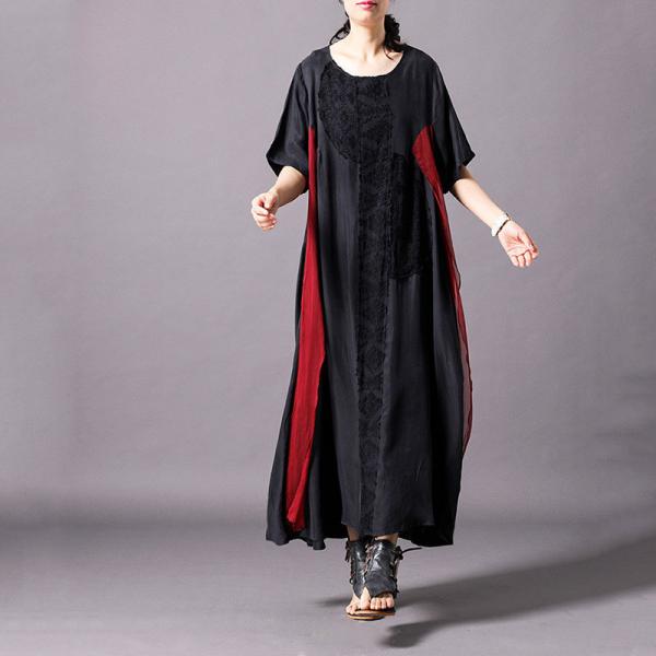 Black Applique Crew Neck Dress Summer Asymmetrical Breathable Silky Dress