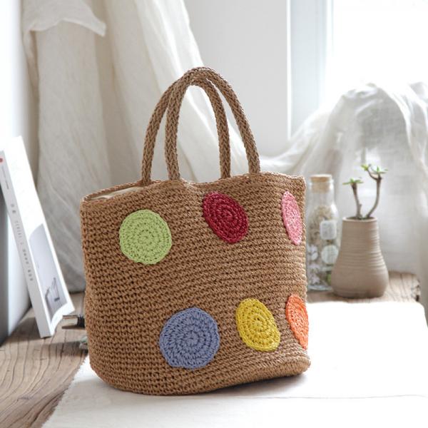 Boho Chic Circle Patchwork Straw Bag Summer Beach Handbag for Woman