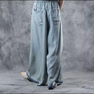 Light Blue Plus Size Wide Leg Jeans Soft Cotton Maxi Frayed Jeans