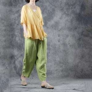 Casual Style Green Harem Pants Summer Drawstring Linen Trousers
