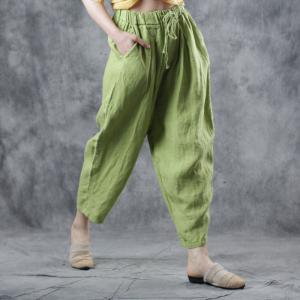 Casual Style Green Harem Pants Summer Drawstring Linen Trousers