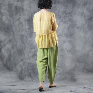 Casual Style Green Harem Pants Summer Drawstring Linen Trousers