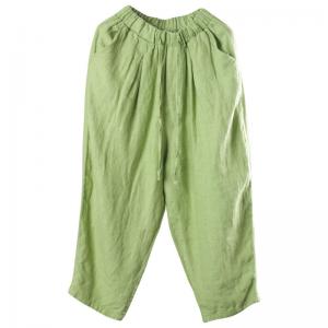 Casual Style Green Harem Pants Summer Drawstring Linen Trousers