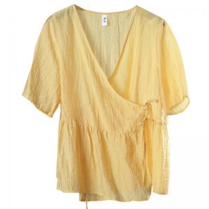 V-Neck Yellow Belted Shirt Linen Pleated Blouse for Woman