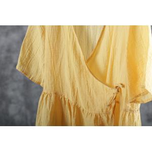 V-Neck Yellow Belted Shirt Linen Pleated Blouse for Woman