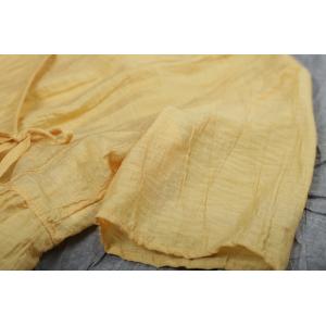 V-Neck Yellow Belted Shirt Linen Pleated Blouse for Woman