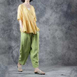 V-Neck Yellow Belted Shirt Linen Pleated Blouse for Woman