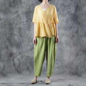 V-Neck Yellow Belted Shirt Linen Pleated Blouse for Woman