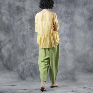 V-Neck Yellow Belted Shirt Linen Pleated Blouse for Woman