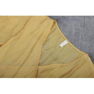 V-Neck Yellow Belted Shirt Linen Pleated Blouse for Woman