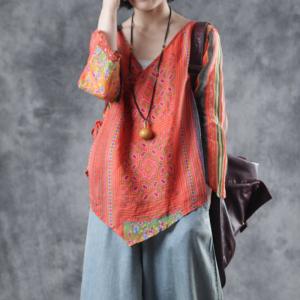 Novel Ethnic Printed Blouse Red Loose Ramie Ladies Shirt