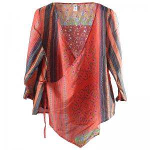 Novel Ethnic Printed Blouse Red Loose Ramie Ladies Shirt