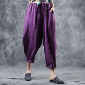 Loose-Fitting Linen Purple Pants Womans Baggy Cozy Wear