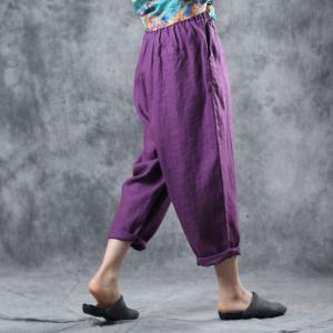 Loose-Fitting Linen Purple Pants Womans Baggy Cozy Wear