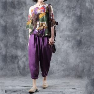 Loose-Fitting Linen Purple Pants Womans Baggy Cozy Wear