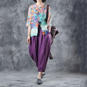 Loose-Fitting Linen Purple Pants Womans Baggy Cozy Wear