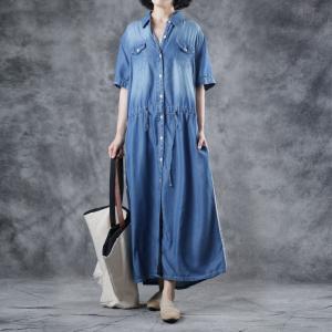 Wrapped Denim Maxi Dress Button Down Tied Shirt Dress