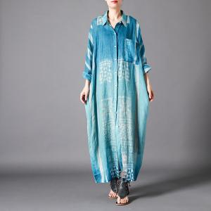Lapel Chest Pockets Printed Shirt Dress Plus Size Blue Custom Dress
