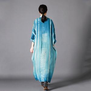 Lapel Chest Pockets Printed Shirt Dress Plus Size Blue Custom Dress