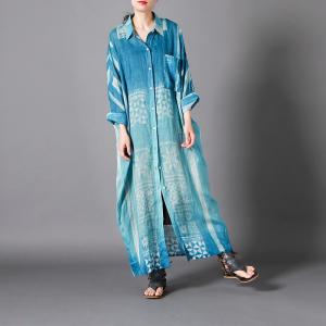 Lapel Chest Pockets Printed Shirt Dress Plus Size Blue Custom Dress