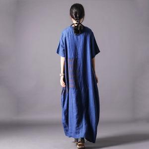 Round Neck Blue Gingham Dress Cotton Linen Flared Tartan Dress