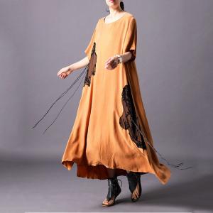 Black Applique Belted Silk Dress Asymmetrical Maxi Dress for Senior Woman