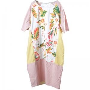 Comfy Style Printed Patchwork Korean Dress Oversized Pink T-shirt Dress