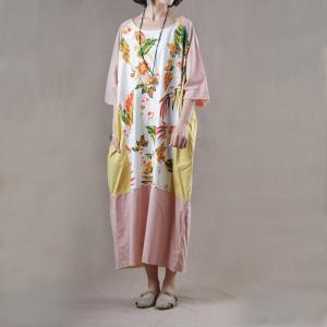 Comfy Style Printed Patchwork Korean Dress Oversized Pink T-shirt Dress