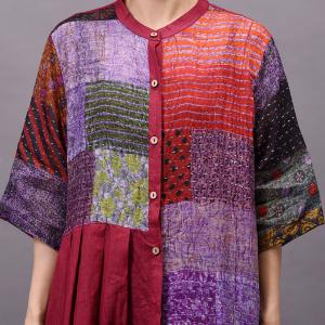 Floral Patchwork Loose Vintage Shirt Dress Ramie Custom Dress