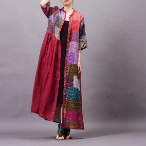 Floral Patchwork Loose Vintage Shirt Dress Ramie Custom Dress