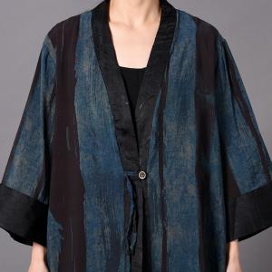 Deep-V Plus Size Striped Kimono Silky Long Vintage Outerwear