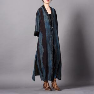 Deep-V Plus Size Striped Kimono Silky Long Vintage Outerwear
